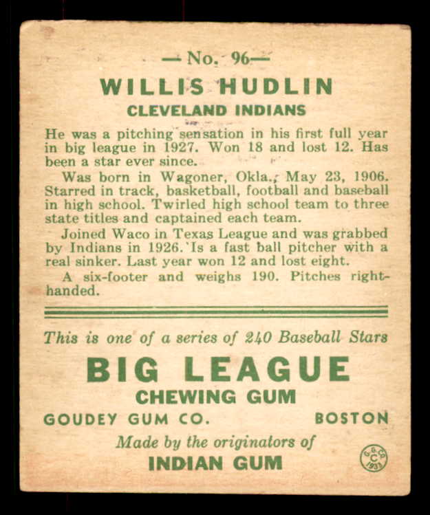 1933 Goudey #096 Willis Hudlin Indians VG-EX 558440