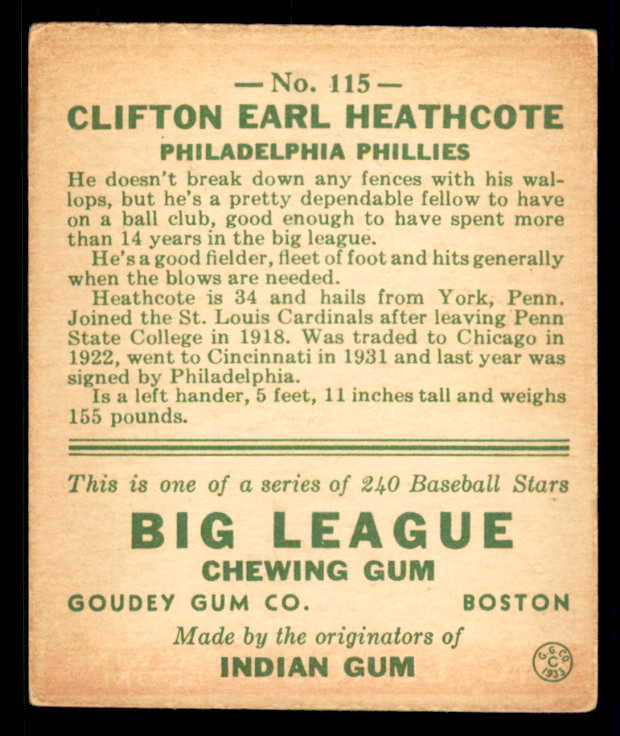 1933 Goudey #115 Cliff Heathcote Phillies EX 558448