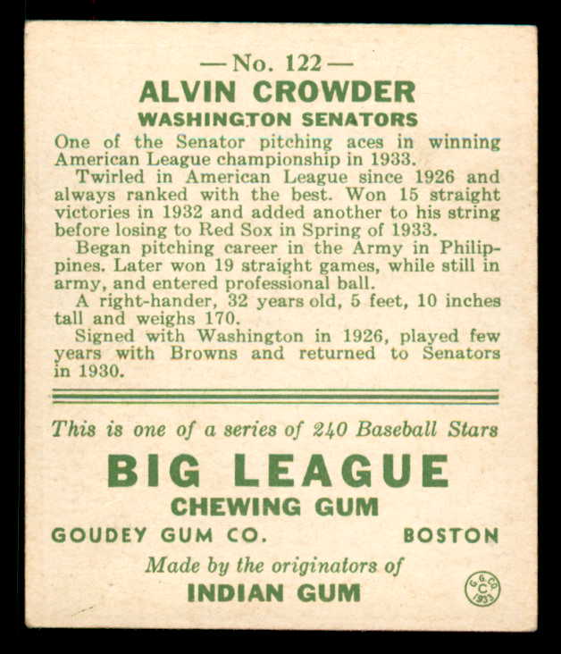 1933 Goudey #122 Alvin Crowder Senators VG-EX 558453