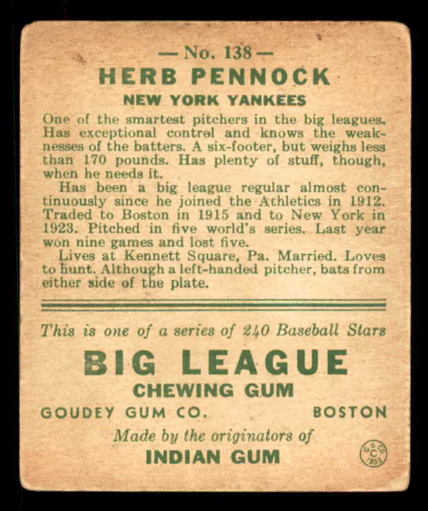 1933 Goudey #138 Herb Pennock Yankees GD-VG/VG stain 558458