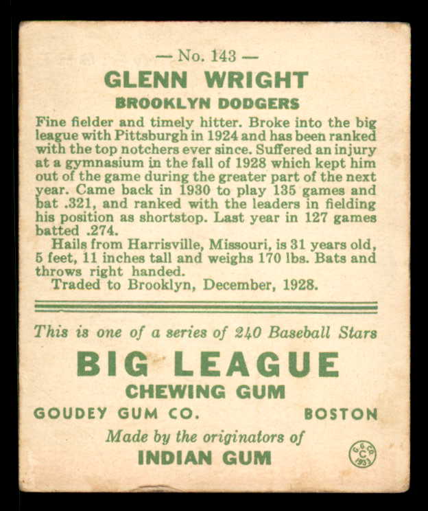 1933 Goudey #143 Glenn Wright Dodgers VG-EX 558461