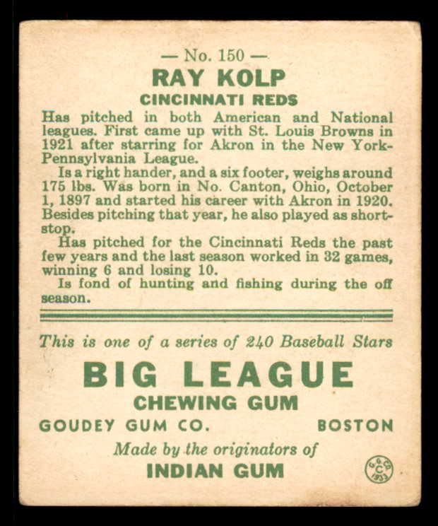 1933 Goudey #150 Ray Kolp Reds VG-EX 558465
