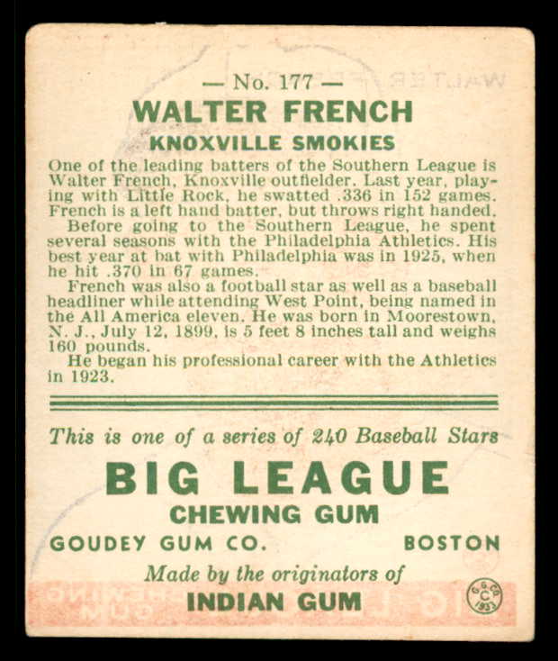 1933 Goudey #177 Walter French Knoxville VG-EX 558485