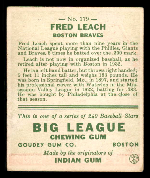 1933 Goudey #179 Fred Leach Braves VG-EX 558486