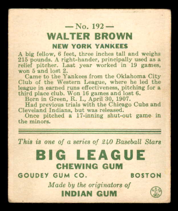 1933 Goudey #192 Walter Brown Yankees EX 558493