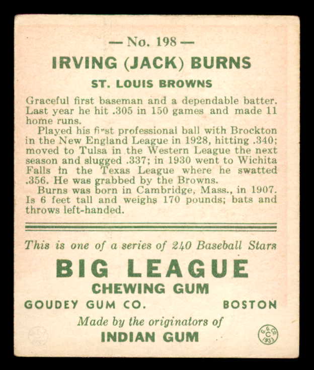 1933 Goudey #198 Jack Burns Browns EX 558496
