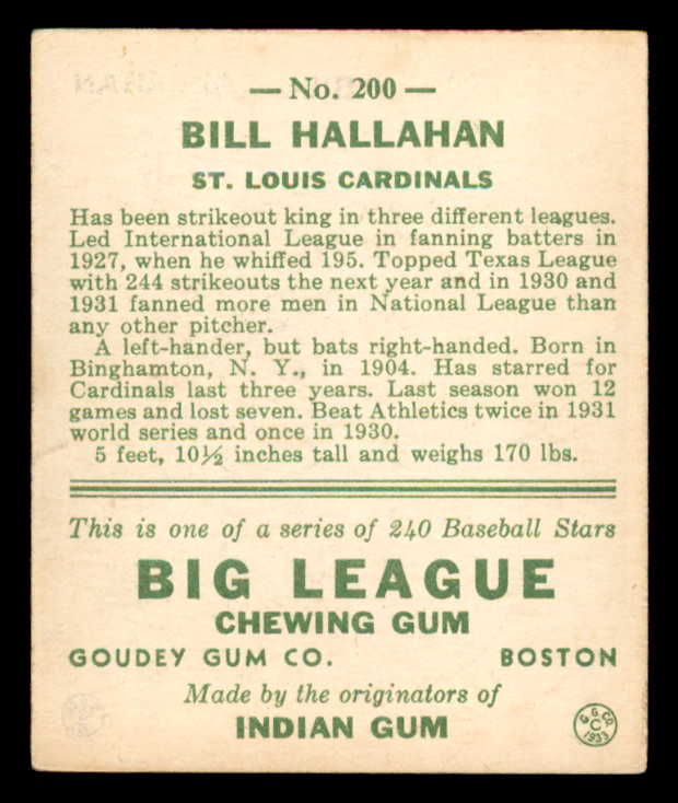 1933 Goudey #200 Bill Hallahan Cardinals EX 558498