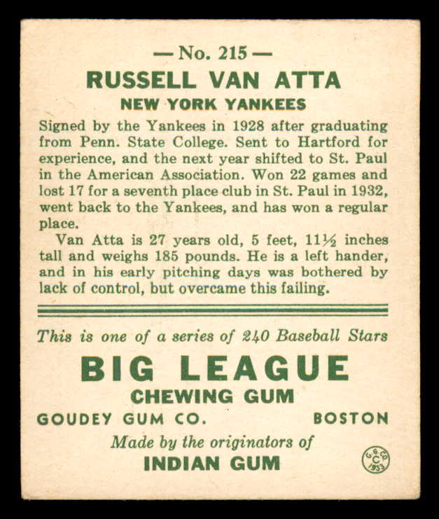 1933 Goudey #215 Russ Van Atta Yankees EX 558507
