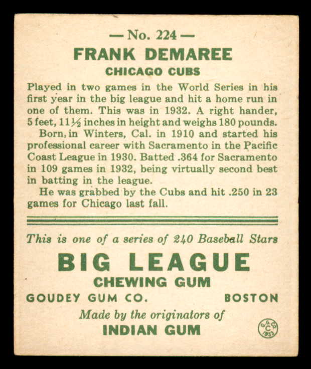 1933 Goudey #224 Frank Demaree Cubs EX 558509