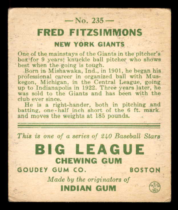 1933 Goudey #235 Fred Fitzsimmons Giants VG-EX 558513