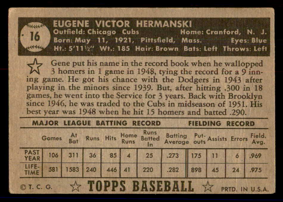 1952 Topps Baseball #016 Gene Hermanski Cubs VG Black 558601