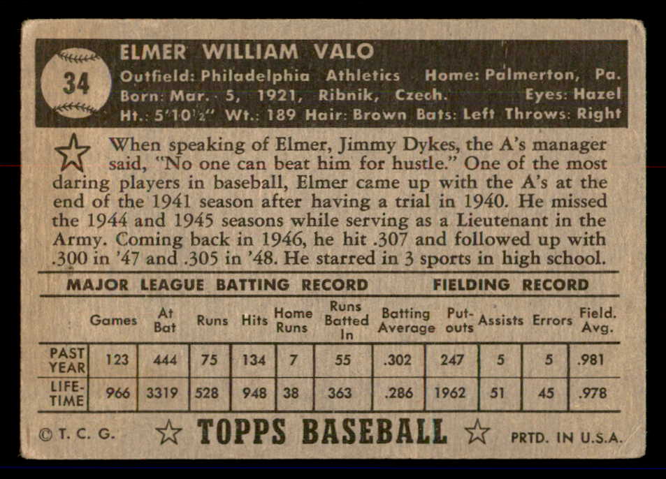 1952 Topps Baseball #034 Elmer Valo A's VG Black 558621