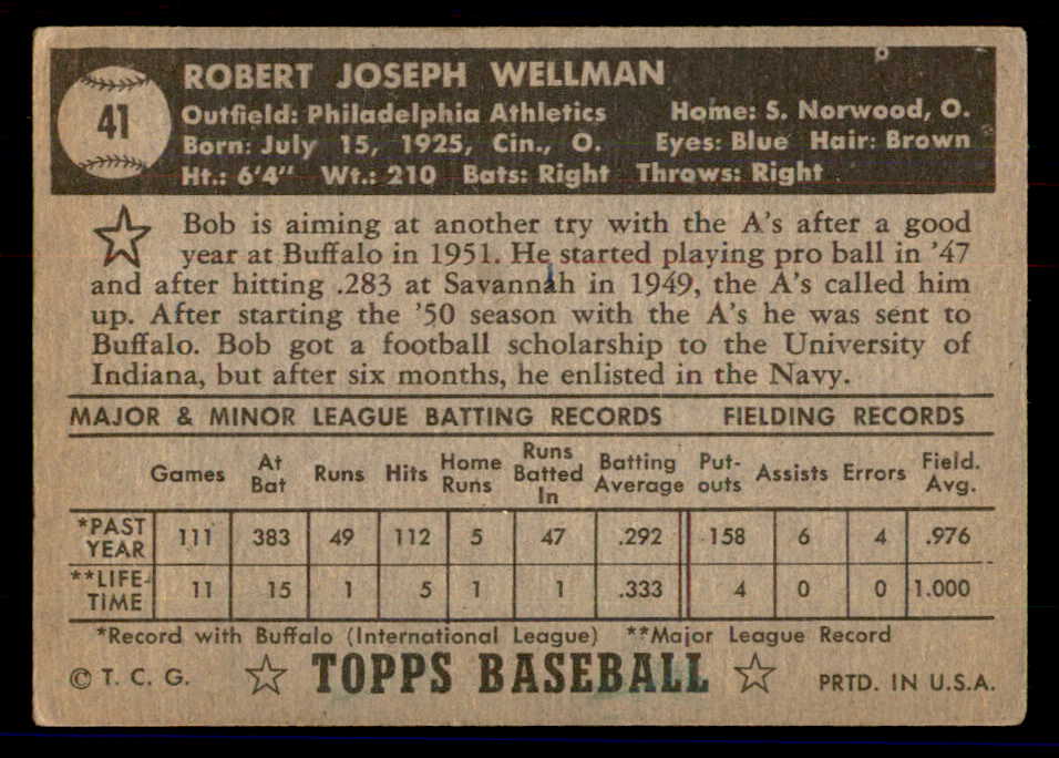 1952 Topps Baseball #041 Bob Wellman A's VG Black 558630