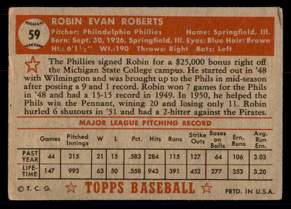 1952 Topps Baseball #059 Robin Roberts Phillies VG-EX Red 558650