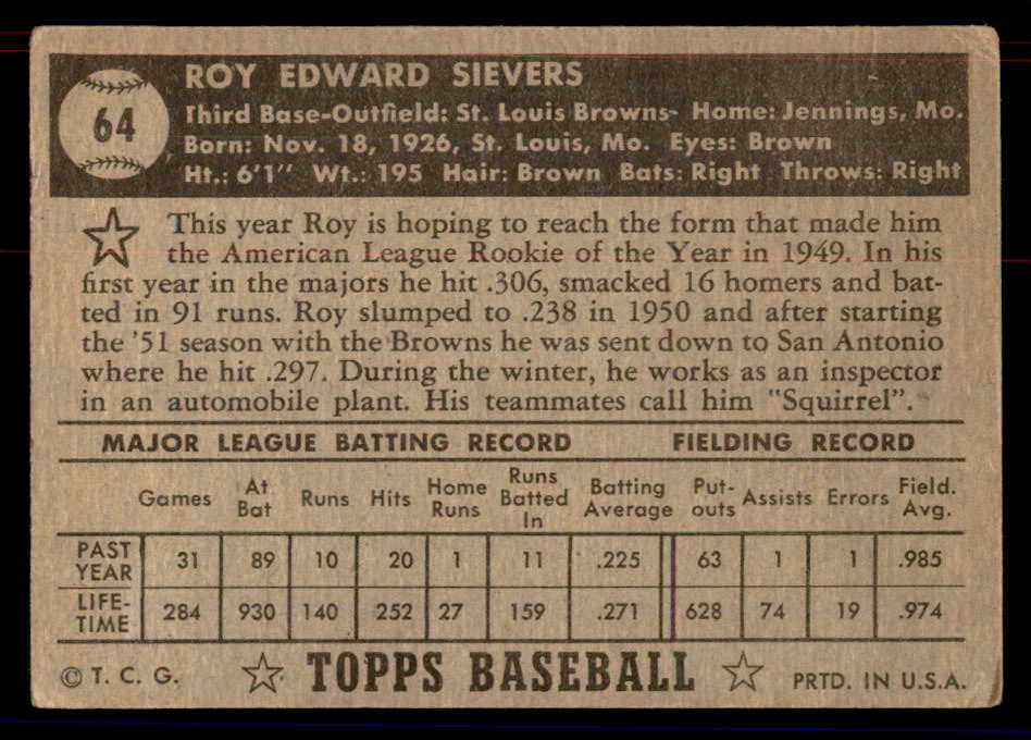 1952 Topps Baseball #064 Roy Sievers Browns VG Black 558655
