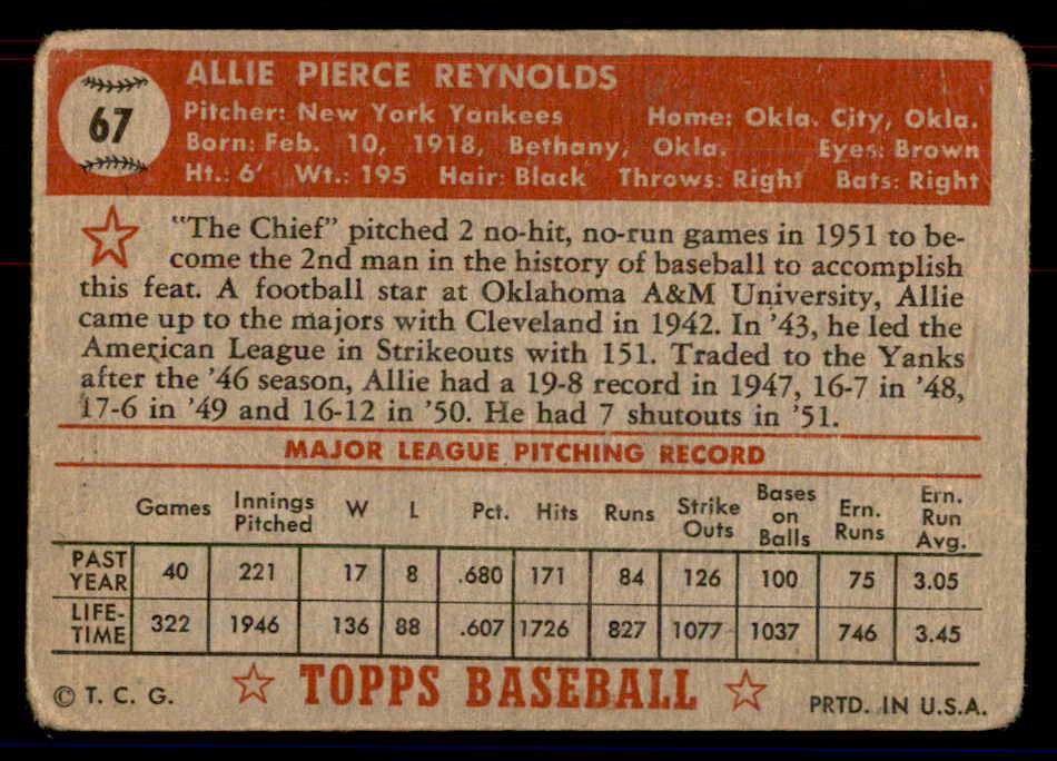 1952 Topps Baseball #067 Allie Reynolds Yankees Good Red 558658