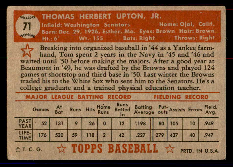 1952 Topps Baseball #071 Tom Upton Senators GD-VG Red 558663