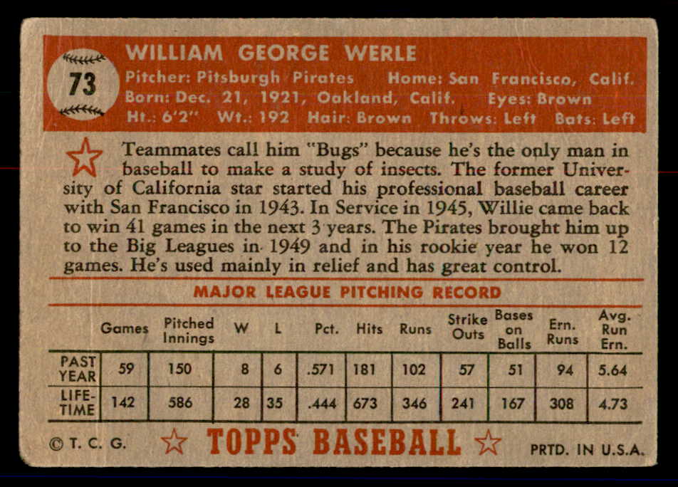 1952 Topps Baseball #073 Bill Werle Pirates VG Red 558665