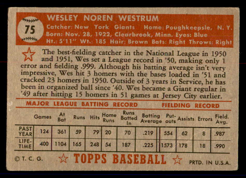 1952 Topps Baseball #075 Wes Westrum Giants GD-VG Red 558666