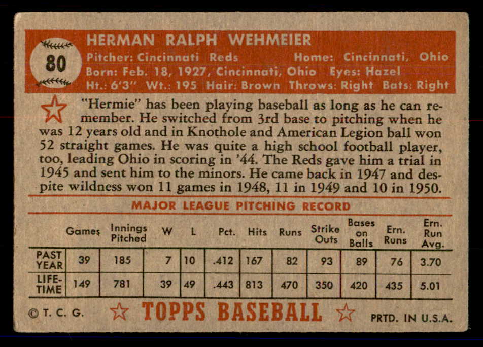 1952 Topps Baseball #080 Herman Wehmeier Reds GD-VG Red 558672