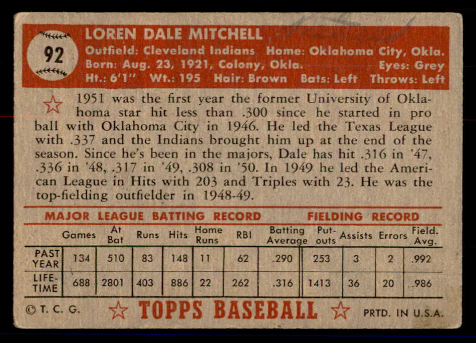 1952 Topps Baseball #092 Dale Mitchell Indians VG 558686