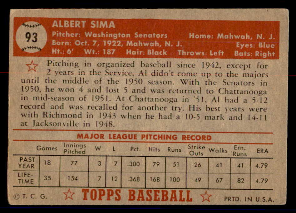 1952 Topps Baseball #093 Al Sima Senators VG-EX 558688