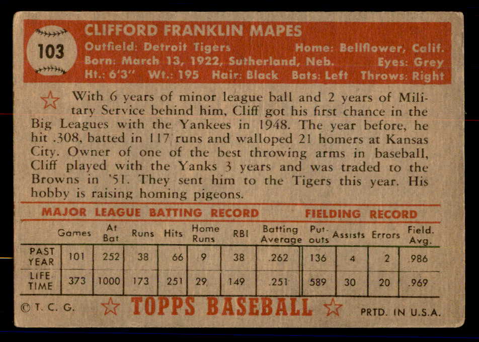 1952 Topps Baseball #103 Cliff Mapes Tigers VG-EX 558699
