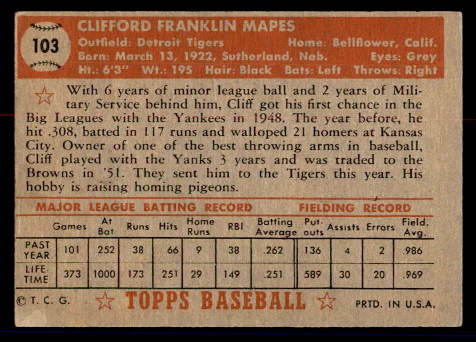 1952 Topps Baseball #103 Cliff Mapes Tigers VG 558701