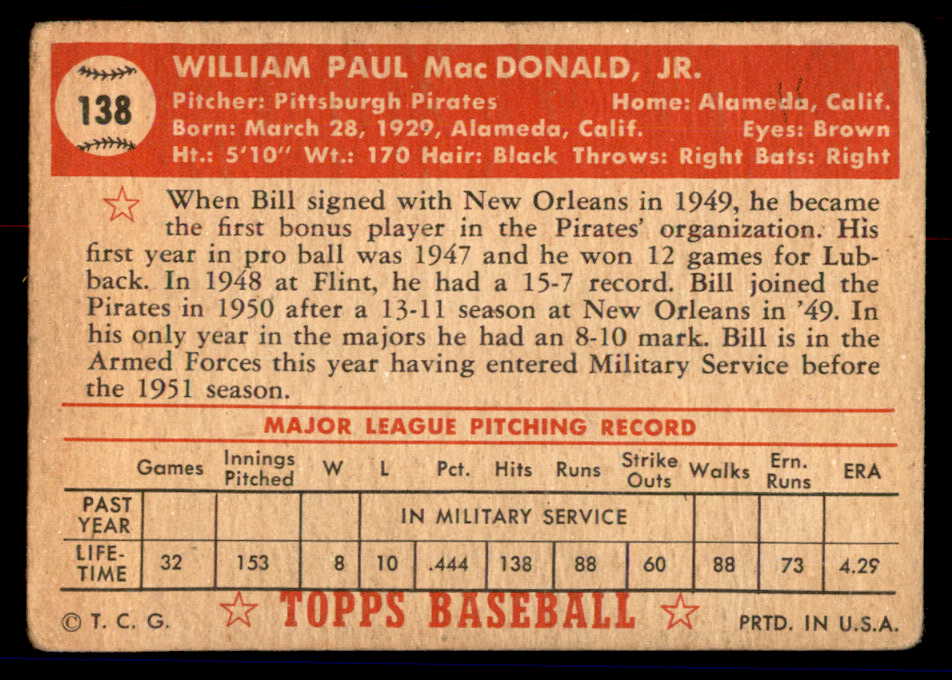 1952 Topps Baseball #138 Bill Macdonald Pirates GD-VG 558735