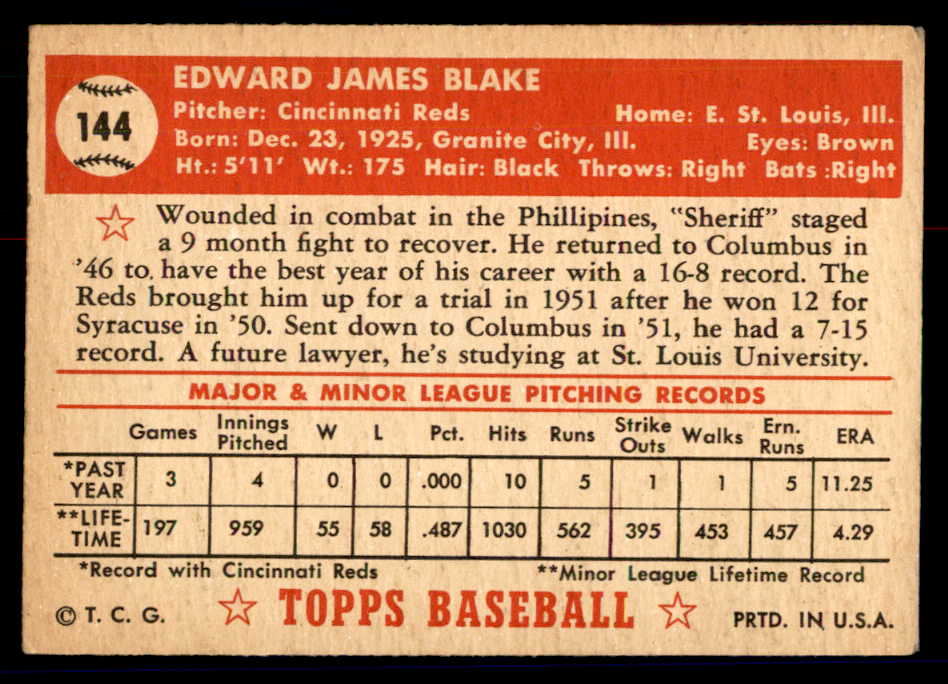 1952 Topps Baseball #144 Ed Blake Reds VG 558744