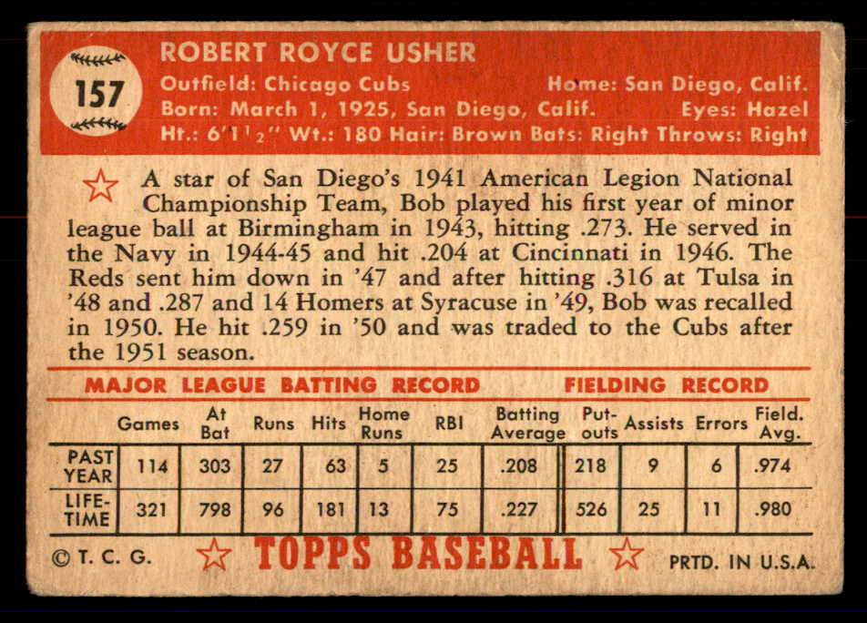 1952 Topps Baseball #157 Bob Usher Cubs GD-VG 558753