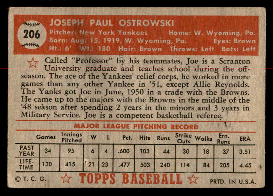 1952 Topps Baseball #206 Joe Ostrowski Yankees GD-VG 558798