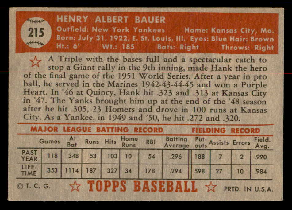 1952 Topps Baseball #215 Hank Bauer Yankees VG-EX 558808