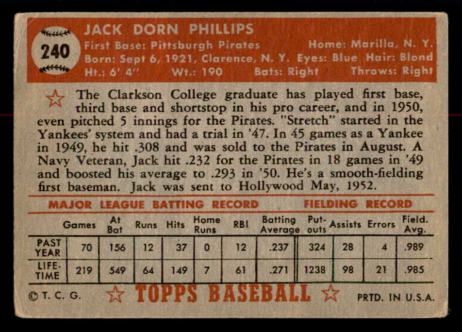 1952 Topps Baseball #240 Jack Phillips Pirates GD-VG 558841