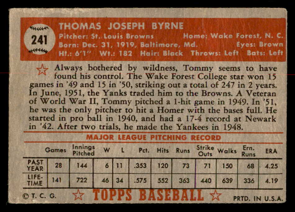 1952 Topps Baseball #241 Tommy Byrne Browns GD-VG 558843