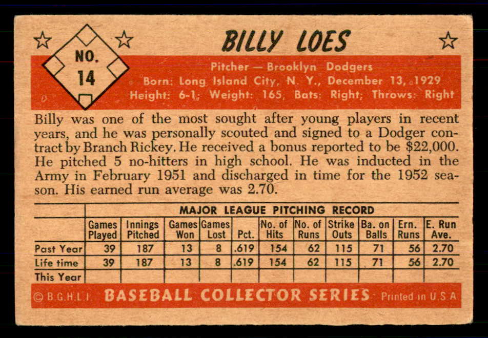 1953 Bowman Color Baseball #014 Billy Loes Dodgers VG-EX 558885