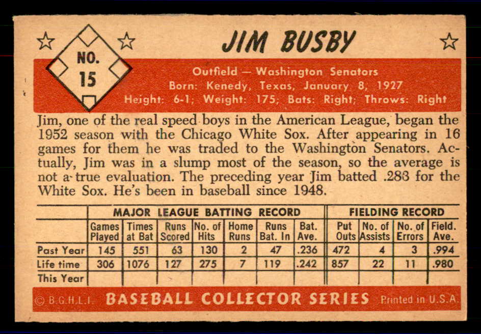 1953 Bowman Color Baseball #015 Jim Busby Senators EX-MT 558886