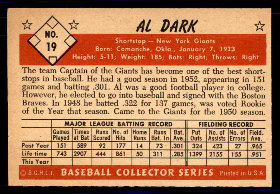 1953 Bowman Color Baseball #019 Al Dark Giants NR-MT 558889