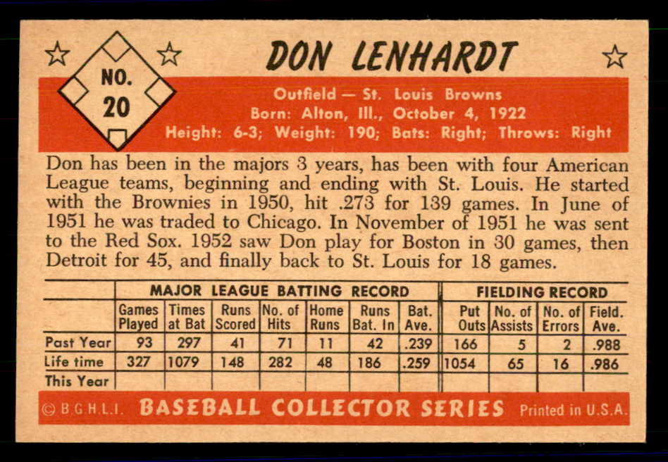 1953 Bowman Color Baseball #020 Don Lenhardt Browns EX-MT 558892