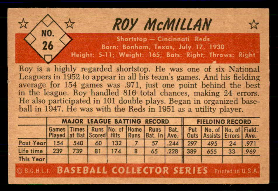 1953 Bowman Color Baseball #026 Roy McMillan Reds EX-MT 558896