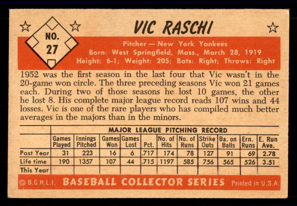1953 Bowman Color Baseball #027 Vic Raschi Yankees VG-EX 558898