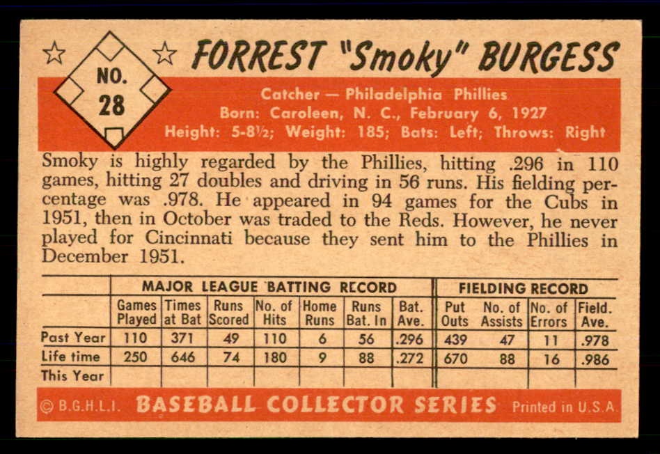 1953 Bowman Color Baseball #028 Smoky Burgess Phillies EX-MT 558899