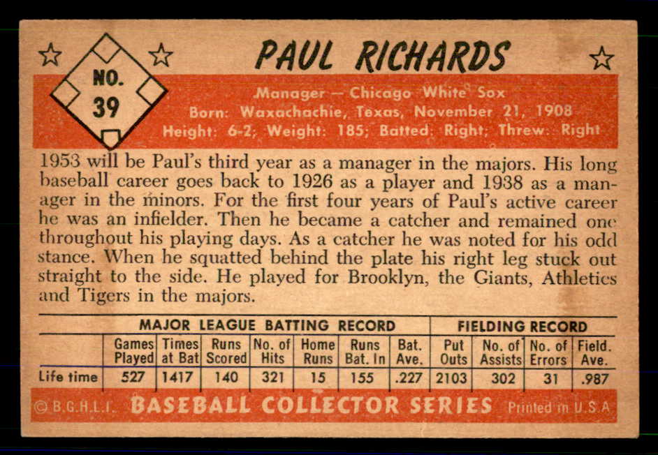 1953 Bowman Color Baseball #039 Paul Richards White Sox EX-MT 558906