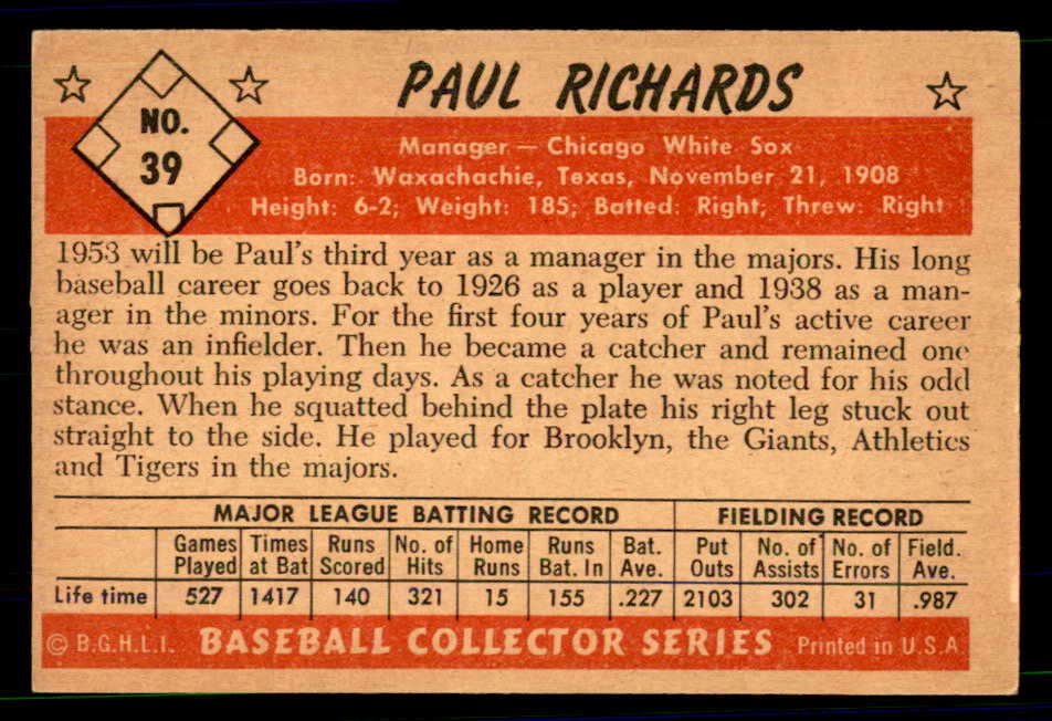 1953 Bowman Color Baseball #039 Paul Richards White Sox EX 558907