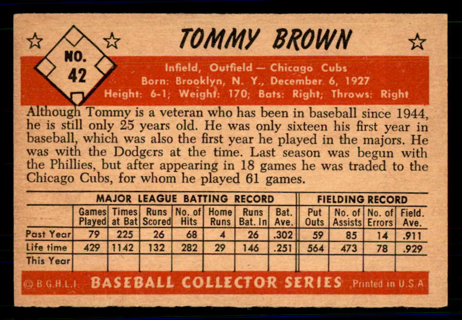1953 Bowman Color Baseball #042 Tommy Brown Cubs EX-MT 558909