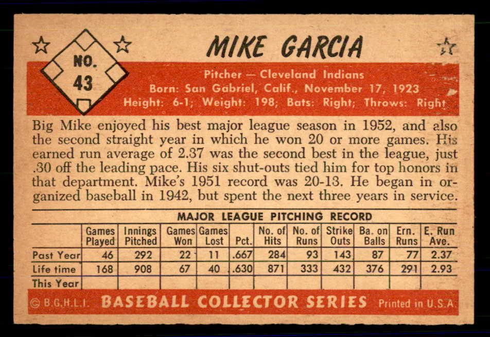 1953 Bowman Color Baseball #043 Mike Garcia Indians EX-MT/NR-MT 558911