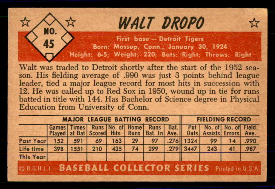 1953 Bowman Color Baseball #045 Walt Dropo Tigers EX-MT 558913