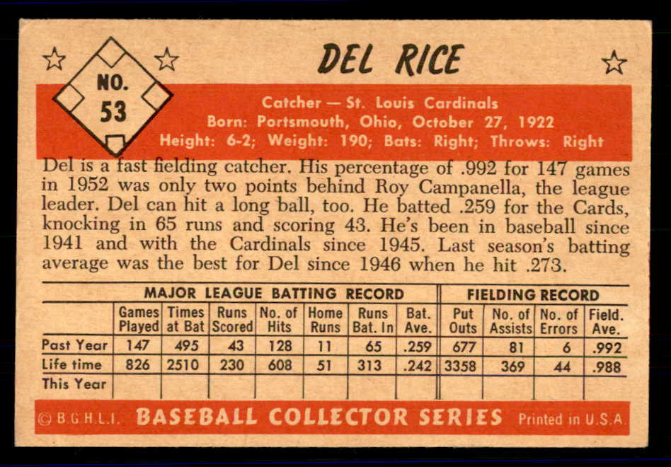 1953 Bowman Color Baseball #053 Del Rice Cardinals EX 558916