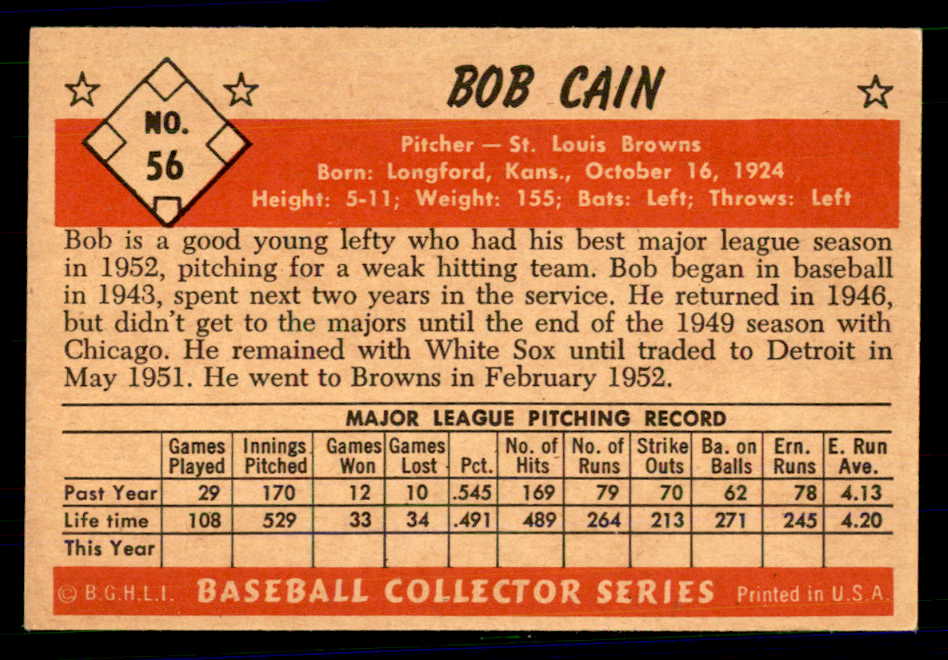 1953 Bowman Color Baseball #056 Bob Cain Browns EX 558918