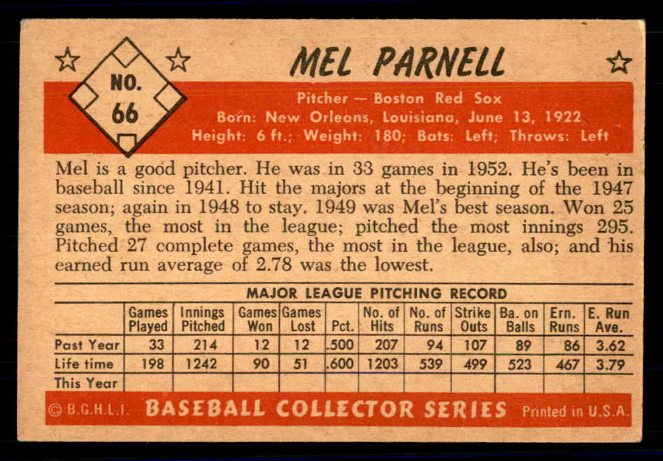 1953 Bowman Color Baseball #066 Mel Parnell Red Sox VG-EX 558924